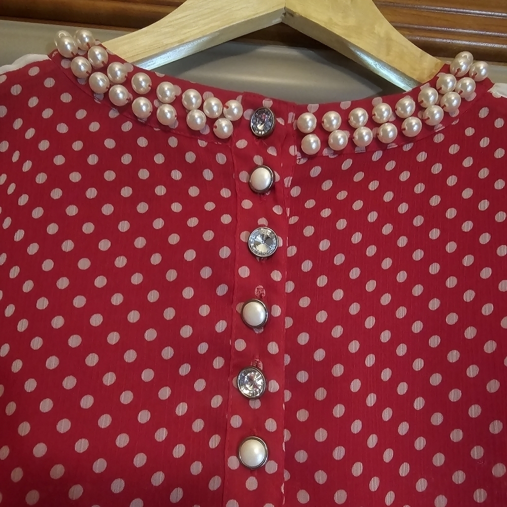 RARE VINTAGE Twelve by Twelve Red Polka Dot Mini Dress with Cream Ruffle Collar - Picture 3 of 3